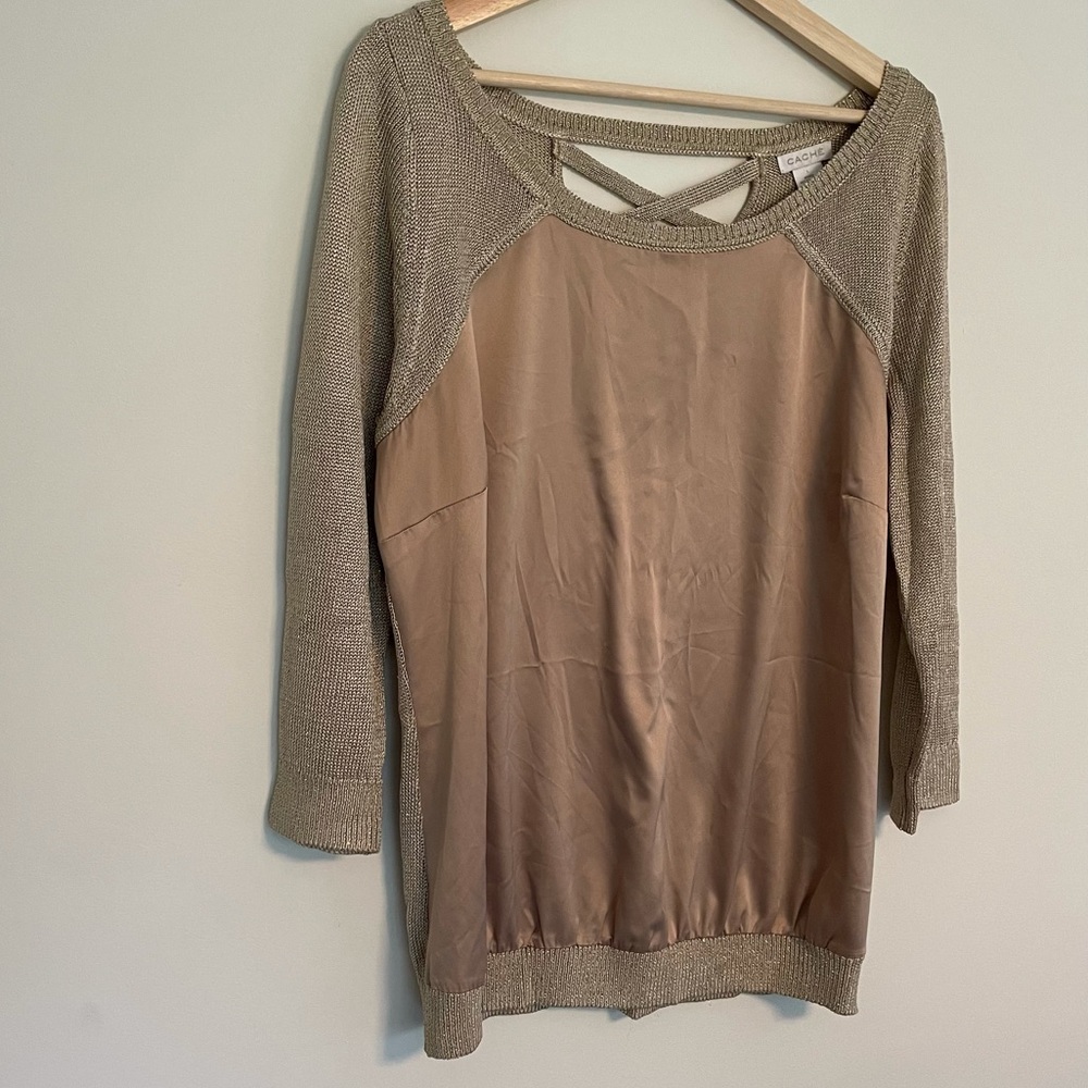 Cachè Gold Sequin and Satin Criss Cross Back Sweater